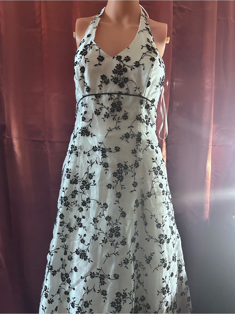 Betsy & Adam White Strapless Evening Dress with Black Floral Embroidery